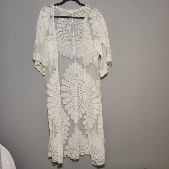 Adiva Tops - Adiva Women's Med White lace crochet long kimono sheer boho fairy angel festival